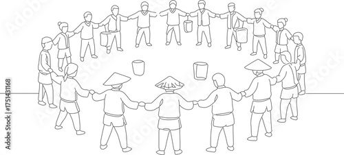 Simple Outline Group People Holding Hands Forming Circle Illustration