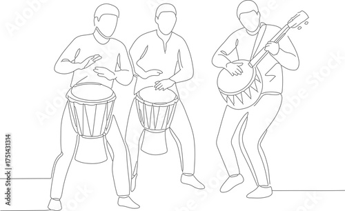 Continuous Line Drawing Musicians Playing Drums and String Instrument Illustration
