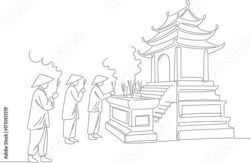 Minimalist Line Art Temple Worship Scene with People Illustration