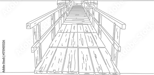 Line Art Perspective Wooden Pier Structure Illustration with Handrail Design