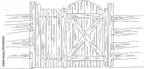 Detailed Outline Rustic Wooden Farm Gate Entrance Fence Illustration