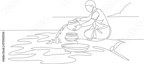 Simple Outline Drawing Person Pouring Water from Pot Illustration