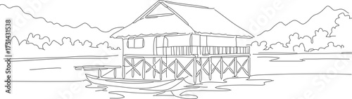 Black and White Line Art Stilt House With Boat Scenery Outline