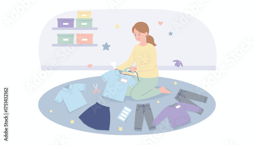 Happy woman ironing childrens clothes at home showcasing domestic life and daily chores