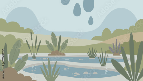 Peaceful natural illustration of a wetland habitat with water features and greenery