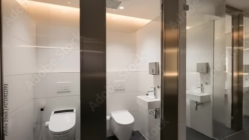 Modern public restroom stalls interior.