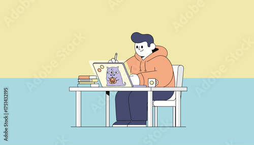 Happy person creating digital illustration on tablet Creative work art design study hobby