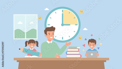 Happy children learning with adult Girl draws boy uses tablet emphasizing education  time