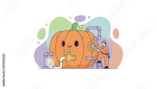 Worker maintains a whimsical pumpkinplumbing system harvest energy or Halloween concept