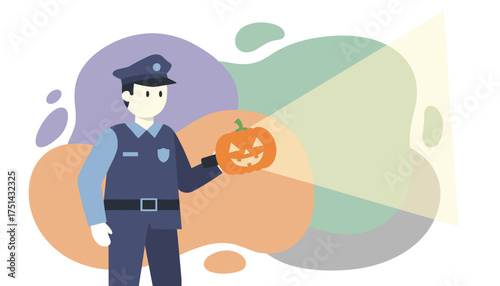 Police officer holding a glowing Halloween pumpkin representing safety and festivity
