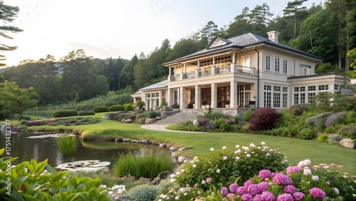 The image shows a grand house with an elegant design, complemented by a tranquil pond and lush greenery at the