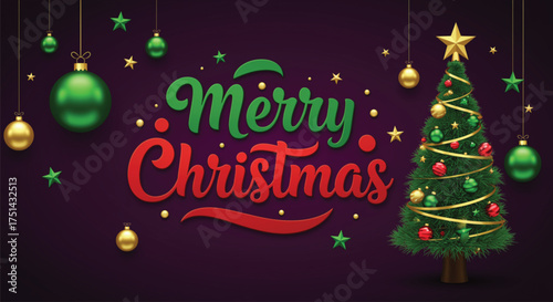 A vibrant Christmas scene with a decorated tree, ornaments, and the words 'Merry Christmas'. Perfect for holiday cards, banners, and festive designs. Happy holidays! 