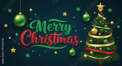 A illustration showcases a festive Merry Christmas greeting card featuring a decorated Christmas tree, green ornaments, and gold accents on a dark blue background.