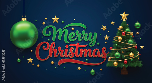 A vibrant Christmas scene featuring a decorated tree, a hanging ornament, and sparkling stars against a deep blue backdrop, conveying holiday cheer and warmth.