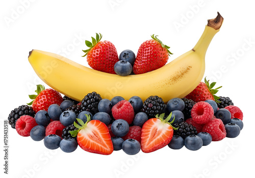 ripe yellow banana with pie of berries around 