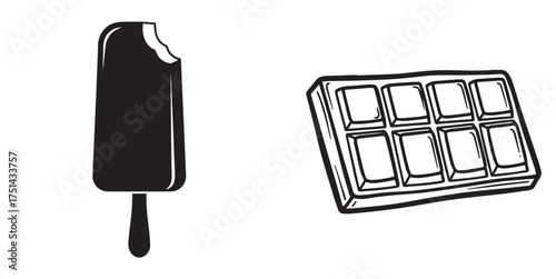 Monochrome Vector Illustration: Bitten Ice Cream Bar and Segmented Chocolate