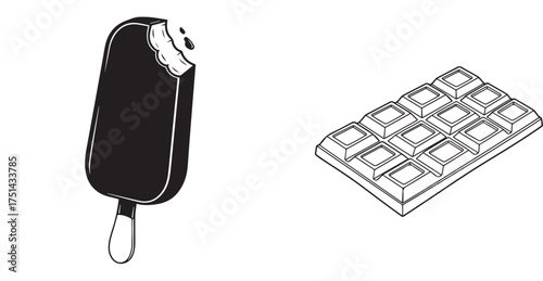 Black and White Vector Art Featuring Bitten Ice Cream Bar and Chocolate Bar