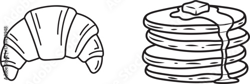 Outline Vector Illustrations of Croissant and Stacked Pancakes Breakfast