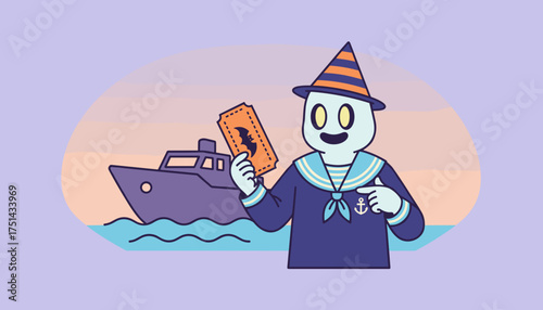 Smiling ghost sailor with witch hat holds Halloween ticket for a spooky boat trip adventure