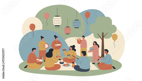 Joyful cultural gathering with friends celebrating outdoors playing music and sharing food
