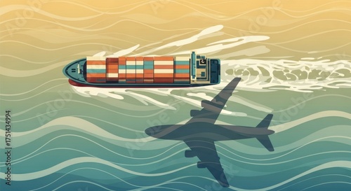 Wallpaper Mural Cargo ship and airplane traveling over wavy ocean waters Torontodigital.ca