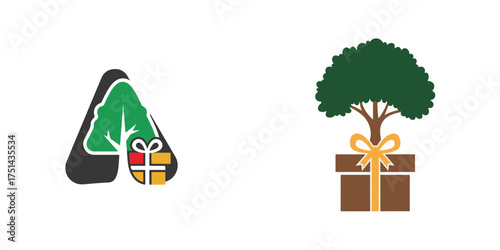 Simple Tree and Gift Icons with Green, Brown, and Gold Accents