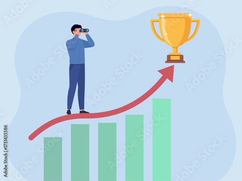 A man with binoculars stands on a rising arrow over a graph, looking at a trophy, symbolizing a vision for growth, ambition, and achieving success