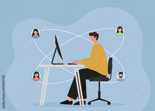 A man works remotely, connecting with his team through a digital network. This illustration visualizes online collaboration and virtual communication