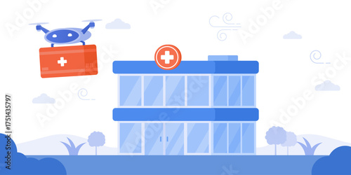 An illustration of a modern hospital or clinic building with a cross symbol, as a medical drone flies in to deliver a first aid kit, symbolizing future healthcare logistics and telemedicine.