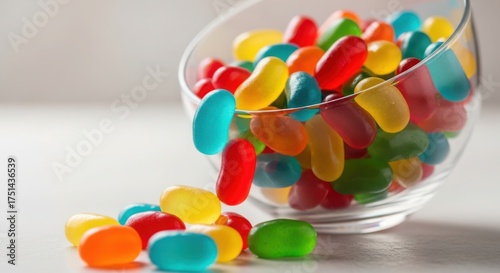 Assorted colorful jelly beans spilling from a glass bowl on a white surface