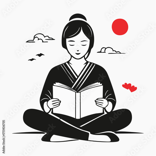 Woman meditating outdoors surrounded by sun and clouds