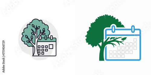 Graphic Icons of Trees and Calendars, Outline and Solid Styles