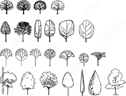 Collection of stylized tree and leaf silhouettes — ideal for landscape design, architectural plans, or graphic projects needing minimalist botanical elements.