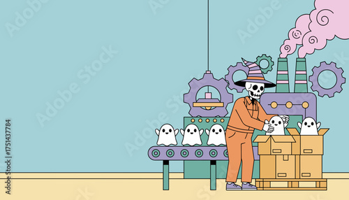 Spooky skeleton factory worker packs cute ghosts from a conveyor belt for Halloween season