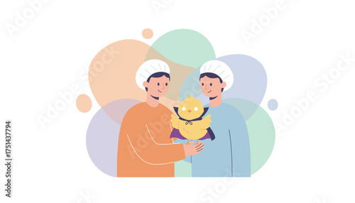 Happy duo holding a sweet chick in a cape ideal for themes of pets friendship or joy