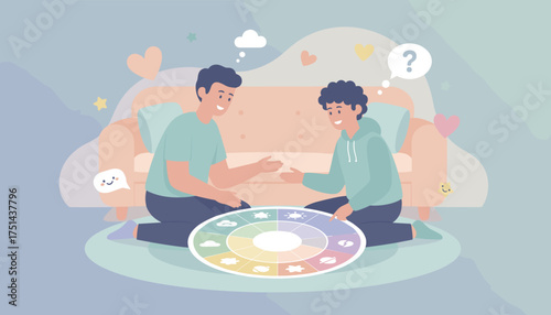 Friends discussing concepts with a colorful wheel fostering connection and selfreflection