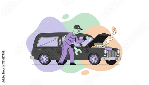 Mythical mechanic fixing a smoking brokendown hearse Halloween vehicle repair concept