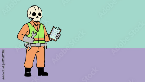 Stylized skull worker in safety vest holds wrench and checklist Safety maintenance or inspection concept