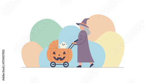 Whimsical witch pushes a cute ghost in a pumpkin stroller Festive Halloween scene holiday concept