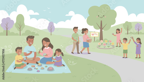 Happy families paint kindness rocks in a park promoting outdoor fun and community spirit