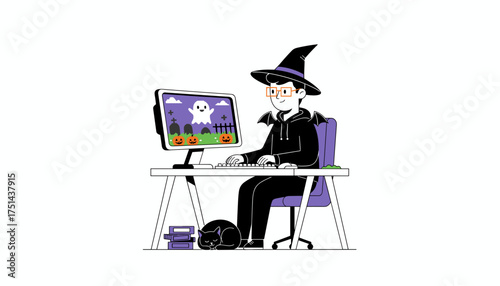 Festive person in witch costume at home creating digital Halloween content on computer