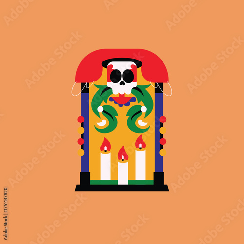 A vibrant and colorful vector illustration of a traditional Mexican Day of the Dead ofrenda, with a calavera skull and lit candles to honor the deceased