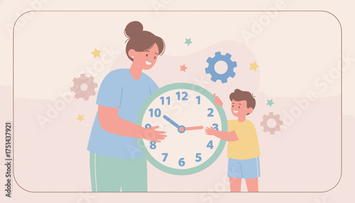 Mother and child learning about time with a clock Family education and teamwork concept