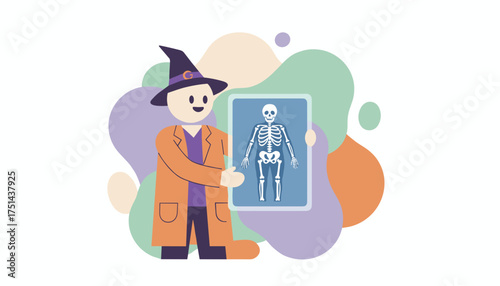 Smiling character in witch hat presents a human skeleton Xray Medical Halloween theme