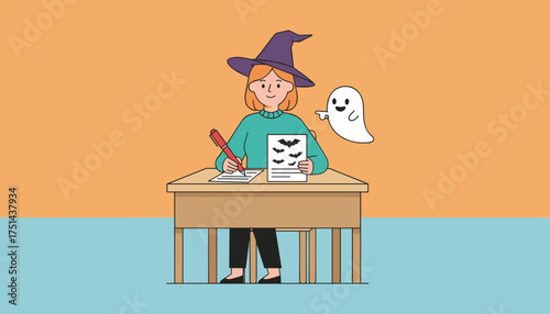 Happy witch writing Halloween design ideas at desk with friendly ghost helper