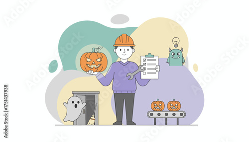 Worker in hard hat holds a Halloween pumpkin checklist and wrench overseeing spooky preparations