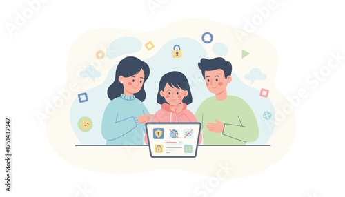 Parents teaching child about internet safety and digital privacy on a laptop
