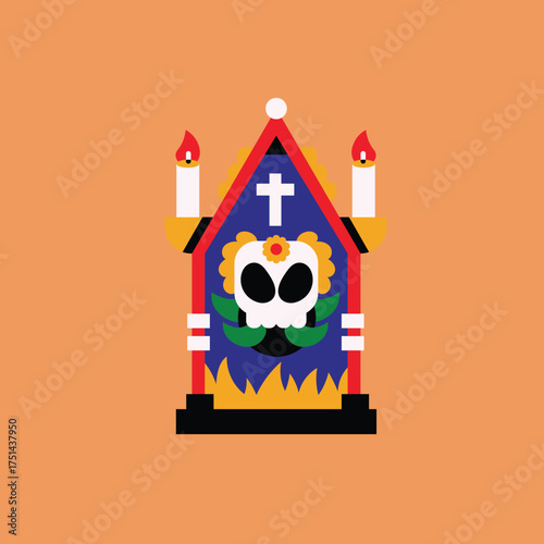 Colorful Día de los Muertos Altar Illustration with Skull, Flowers, and Candles for Celebrating Life and Remembrance