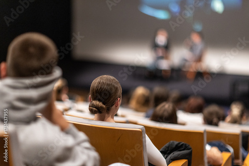 Interview and round table discussion at business convention and presentation. Audience at the conference hall. Business and entrepreneurship symposium.