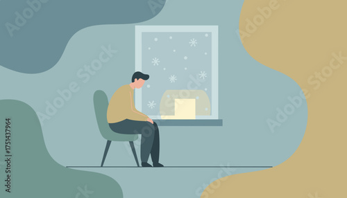 Man contemplating by window during winter snowfall feeling lonely sad or isolated
